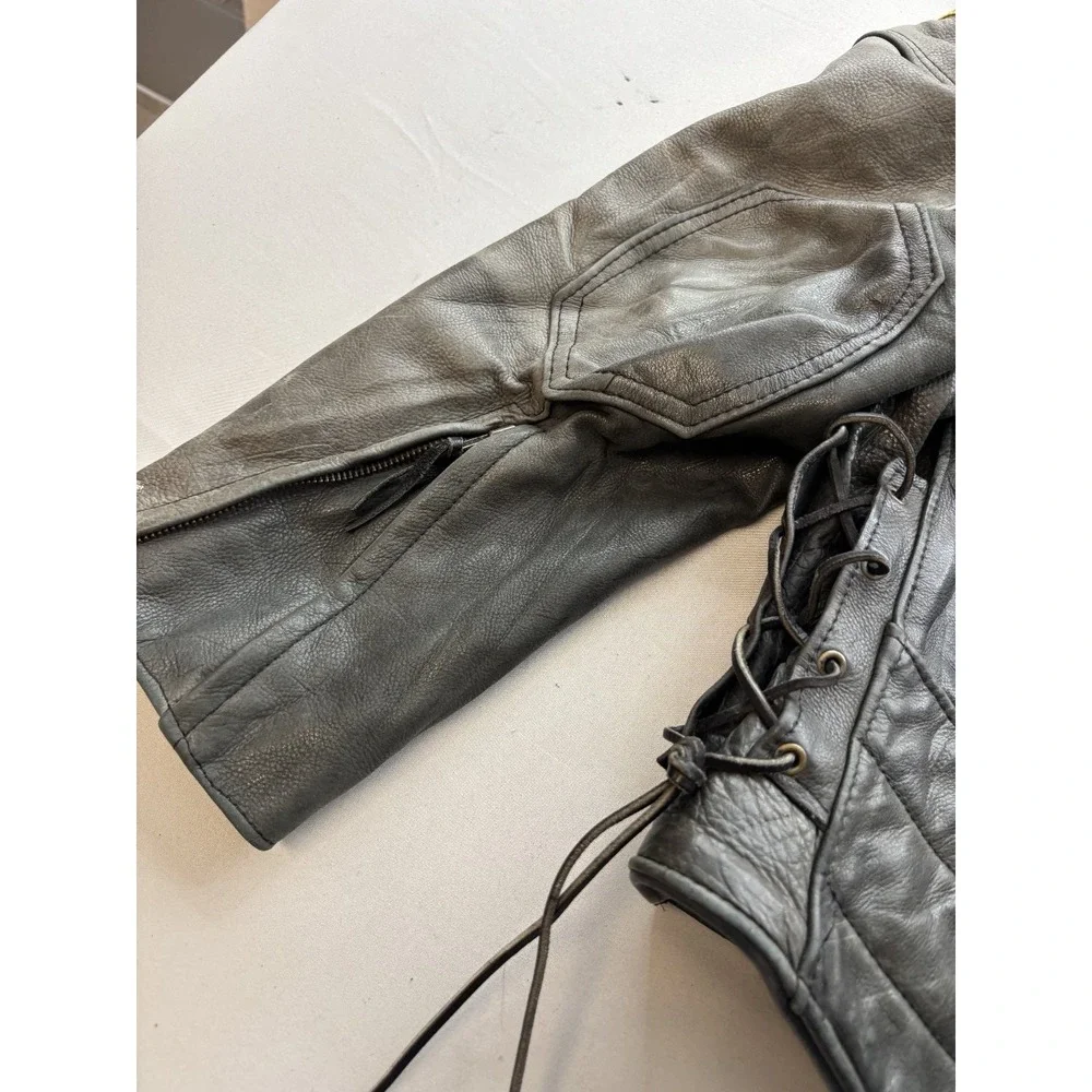 Distressed Black Leather Motorcycle Jacket Men's Laced Sides Patches Biker Coat